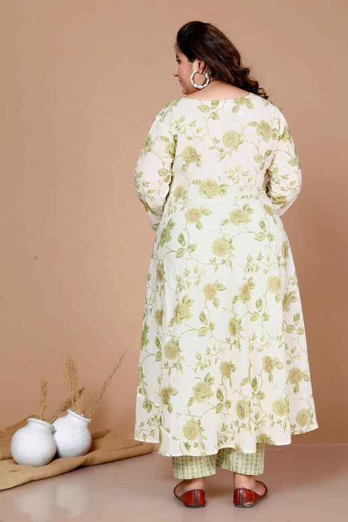 Miravan WomenS Plus Size Green Printed Anarkali Kurta With Palazzo And Dupatta