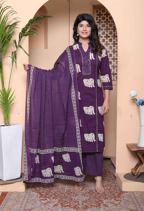 Miravan Womens Purple Cotton Animal Print Kurta with Palazzo and Dupatta