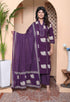 Miravan Womens Purple Cotton Animal Print Kurta with Palazzo and Dupatta