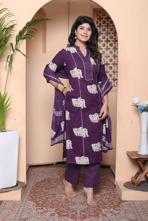 Miravan Womens Purple Cotton Animal Print Kurta with Palazzo and Dupatta