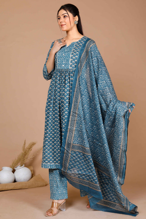 Miravan Womens Blue Ethnic Motifs Printed Gotta Patti Cotton Kurta With Palazzo and Dupatta