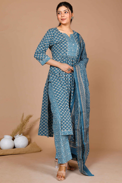 Miravan Womens Blue Ethnic Motifs Printed Gotta Patti Cotton Kurta With Palazzo and Dupatta