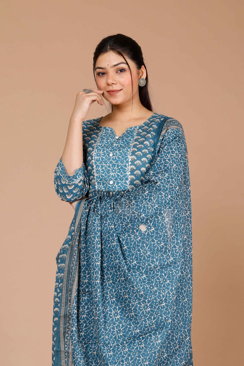 Miravan Womens Blue Ethnic Motifs Printed Gotta Patti Cotton Kurta With Palazzo and Dupatta