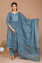Miravan Womens Blue Ethnic Motifs Printed Gotta Patti Cotton Kurta With Palazzo and Dupatta