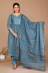 Miravan Womens Blue Ethnic Motifs Printed Gotta Patti Cotton Kurta With Palazzo and Dupatta