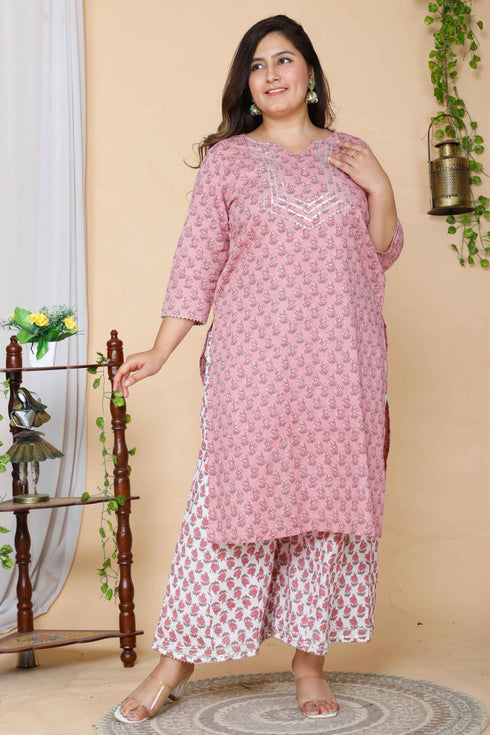 Miravan Womens Plus Size Pink Floral Printed Gotta Patti Pure Cotton Kurta With Palazzo