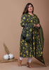 Miravan Womens Plus Size Floral Green Printed Cotton Anarkali Kurta With Dupatta