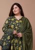 Miravan Womens Plus Size Floral Green Printed Cotton Anarkali Kurta With Dupatta