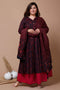 Miravan Womens Plus Size Maroon Printed Cotton Anarkali Kurta and Dupatta