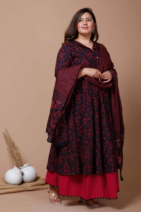 Miravan Womens Plus Size Maroon Printed Cotton Anarkali Kurta and Dupatta