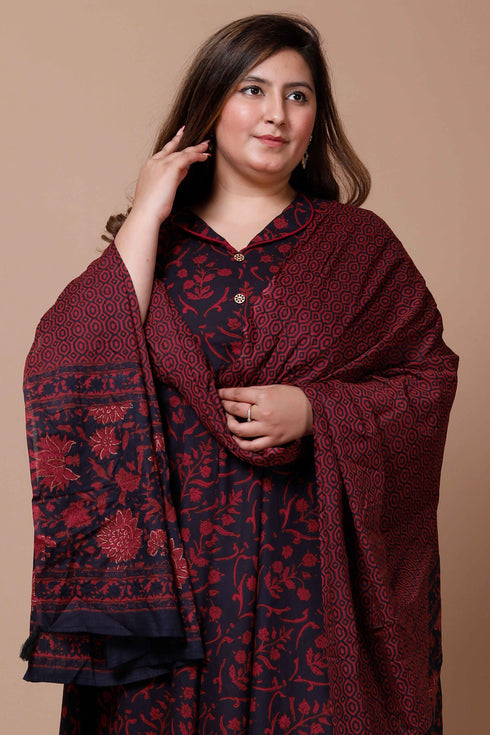 Miravan Womens Plus Size Maroon Printed Cotton Anarkali Kurta and Dupatta