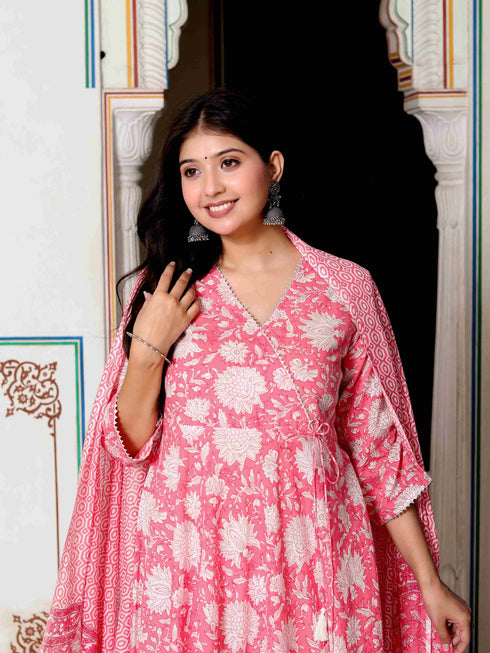 Miravan Womens Pink Cotton Floral Print Anarkali Kurta With Dupatta
