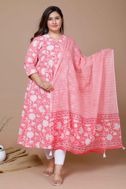 Miravan Womens Pink Plus Size Cotton Floral Print Anarkali Kurta With Dupatta