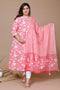 Miravan Womens Pink Plus Size Cotton Floral Print Anarkali Kurta With Dupatta