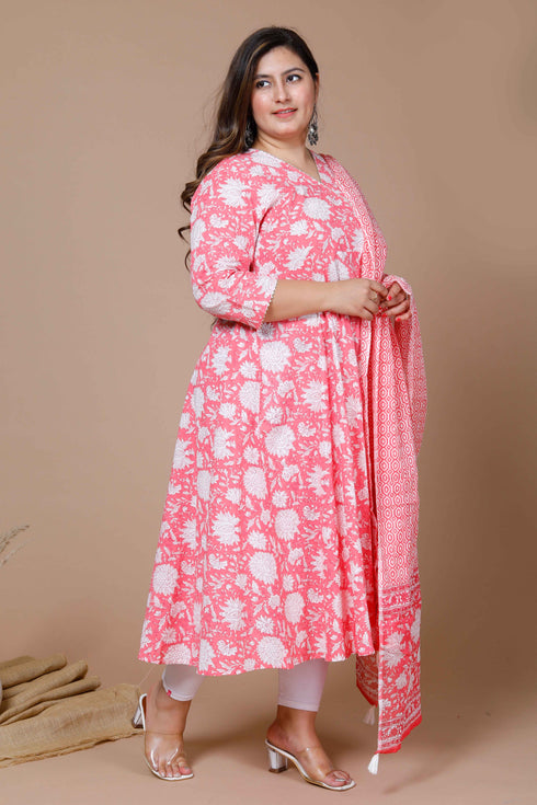 Miravan Womens Pink Plus Size Cotton Floral Print Anarkali Kurta With Dupatta