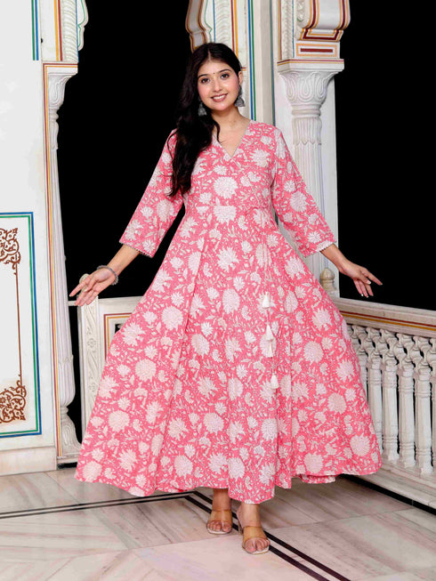 Miravan Womens Pink Cotton Floral Printed Anarkali Kurta
