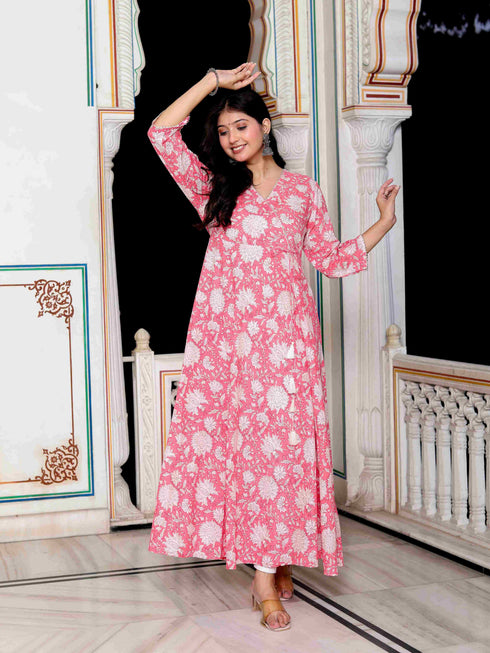 Miravan Womens Pink Cotton Floral Printed Anarkali Kurta