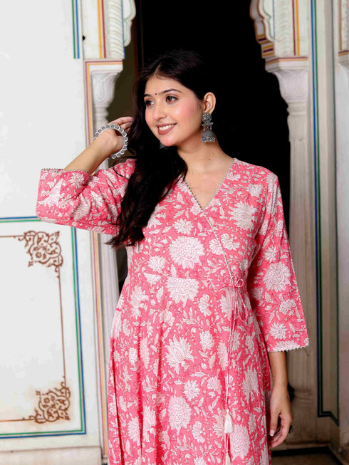 Miravan Womens Pink Cotton Floral Printed Anarkali Kurta