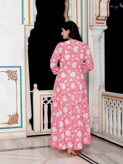 Miravan Womens Pink Cotton Floral Printed Anarkali Kurta