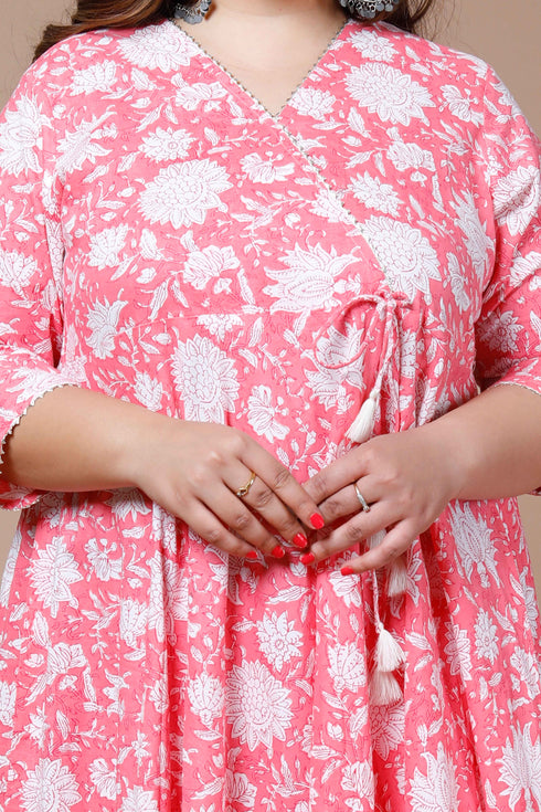 Miravan Womens Pink Plus Size Cotton Floral Printed Anarkali Kurta