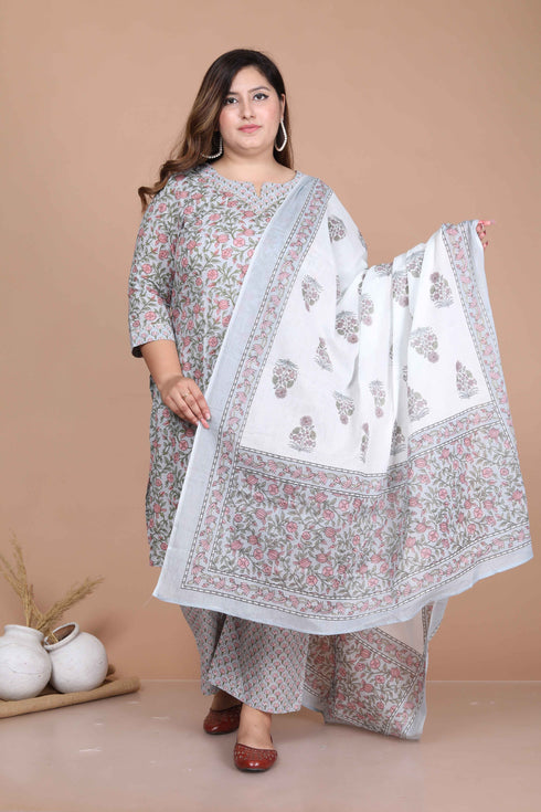 Miravan Womens Plus Size Blue Floral Printed Gota Patti Cotton Kurta With Palazzo And Dupatta Set