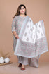 Miravan Womens Plus Size Blue Floral Printed Gota Patti Cotton Kurta With Palazzo And Dupatta Set