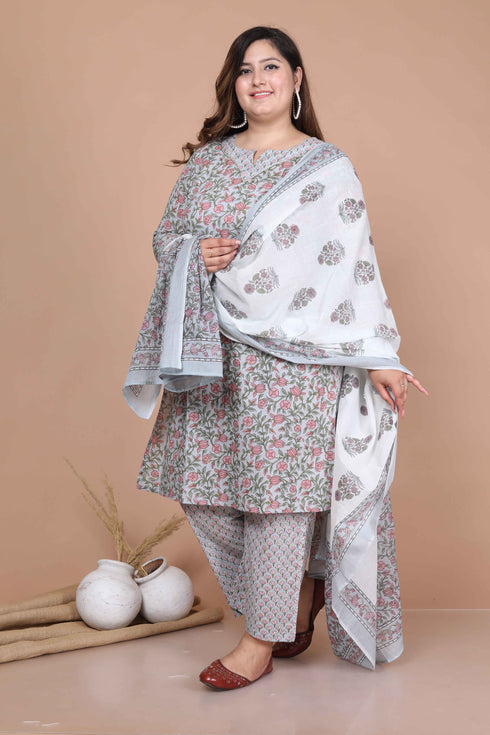 Miravan Womens Plus Size Blue Floral Printed Gota Patti Cotton Kurta With Palazzo And Dupatta Set