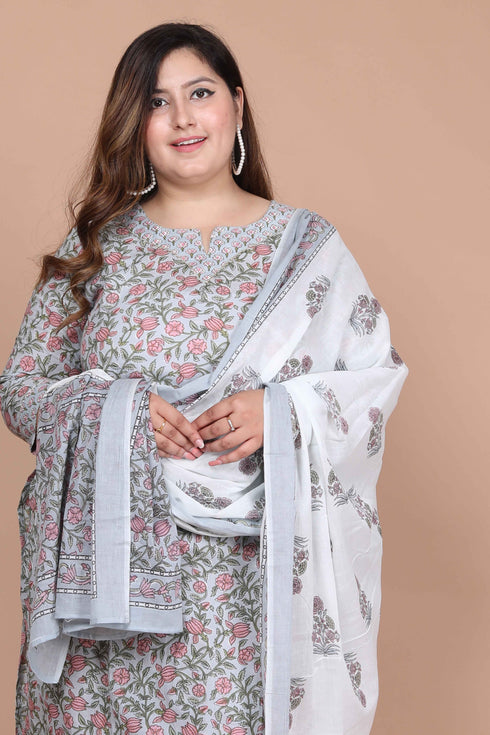 Miravan Womens Plus Size Blue Floral Printed Gota Patti Cotton Kurta With Palazzo And Dupatta Set
