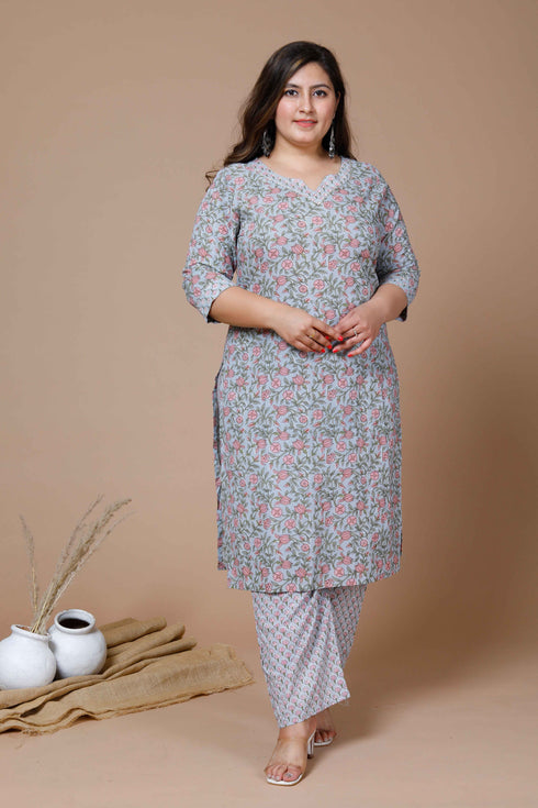Miravan Womens Plus Size Blue Floral Printed Gota Patti Cotton Kurta With Palazzo