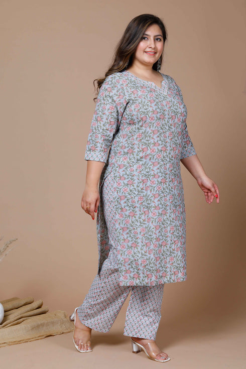 Miravan Womens Plus Size Blue Floral Printed Gota Patti Cotton Kurta With Palazzo