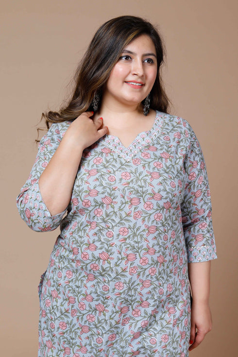 Miravan Womens Plus Size Blue Floral Printed Gota Patti Cotton Kurta With Palazzo