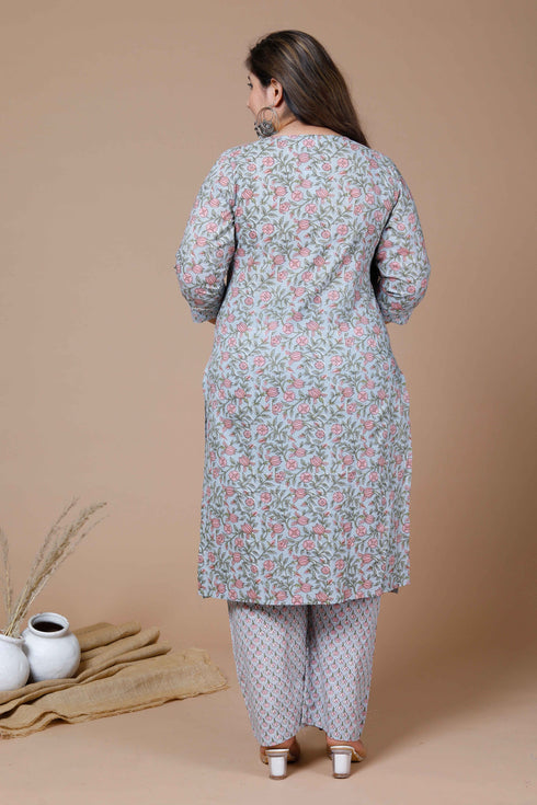 Miravan Womens Plus Size Blue Floral Printed Gota Patti Cotton Kurta With Palazzo
