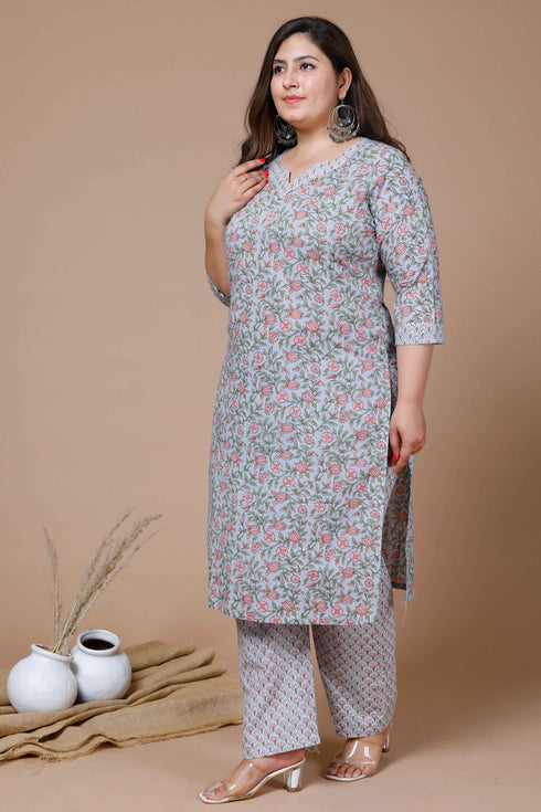 Miravan Womens Plus Size Blue Floral Printed Gota Patti Cotton Kurta With Palazzo