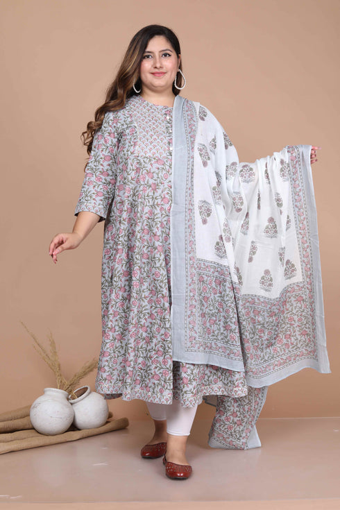 Miravan Womens Plus Size Blue Printed With Gota Patti Work Anarkali Kurta With Dupatta