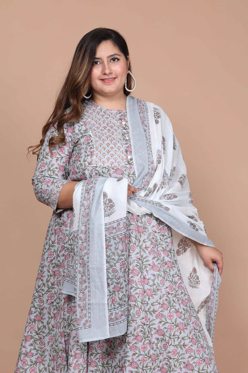 Miravan Womens Plus Size Blue Printed With Gota Patti Work Anarkali Kurta With Dupatta