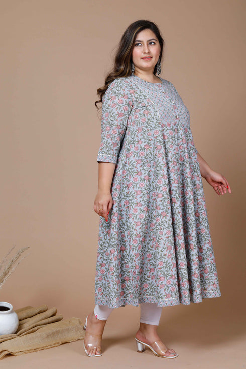 Miravan Womens Plus Size Blue Ethnic Motifs Gotta Patti Pure Cotton Anarkali Kurta