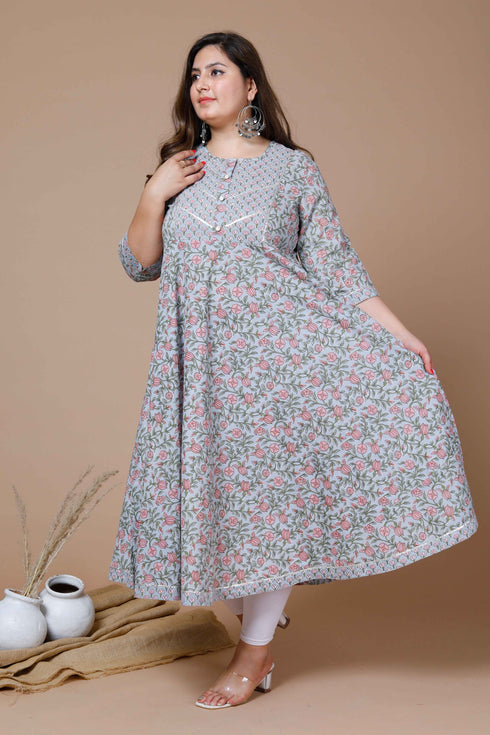 Miravan Womens Plus Size Blue Ethnic Motifs Gotta Patti Pure Cotton Anarkali Kurta