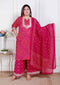 Miravan Plus Size Womens Pink Bandhani Printed Straight Kurta with Palazzo and Dupatta