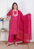 Miravan Plus Size Womens Pink Bandhani Printed Straight Kurta with Palazzo and Dupatta