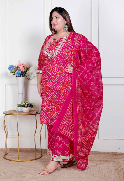 Miravan Plus Size Womens Pink Bandhani Printed Straight Kurta with Palazzo and Dupatta