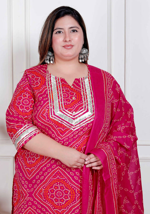 Miravan Plus Size Womens Pink Bandhani Printed Straight Kurta with Palazzo and Dupatta