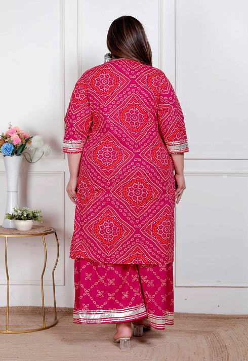 Miravan Plus Size Womens Pink Bandhani Printed Straight Kurta with Palazzo and Dupatta