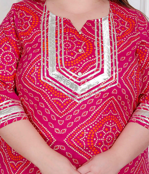 Miravan Plus Size Womens Pink Bandhani Printed Straight Kurta with Palazzo and Dupatta