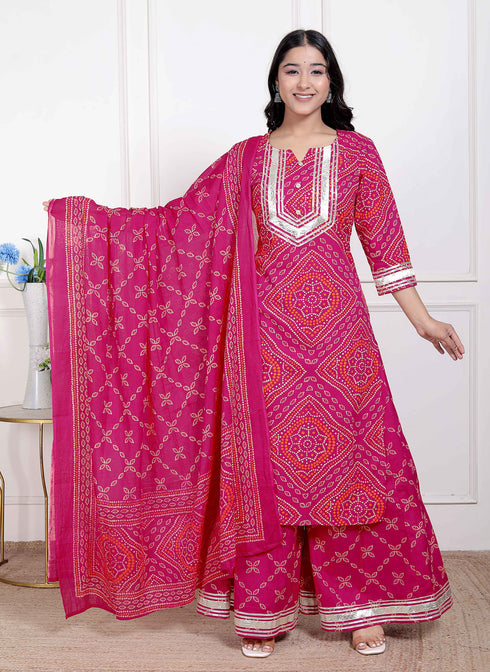 Miravan Womens Pink Bandhani Printed Straight Kurta with Palazzo and Dupatta
