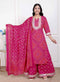 Miravan Womens Pink Bandhani Printed Straight Kurta with Palazzo and Dupatta