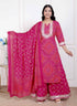 Miravan Womens Pink Bandhani Printed Straight Kurta with Palazzo and Dupatta