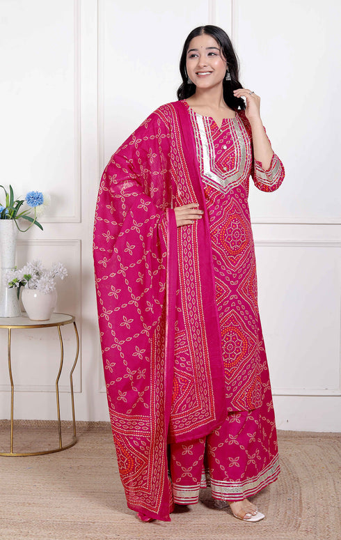 Miravan Womens Pink Bandhani Printed Straight Kurta with Palazzo and Dupatta