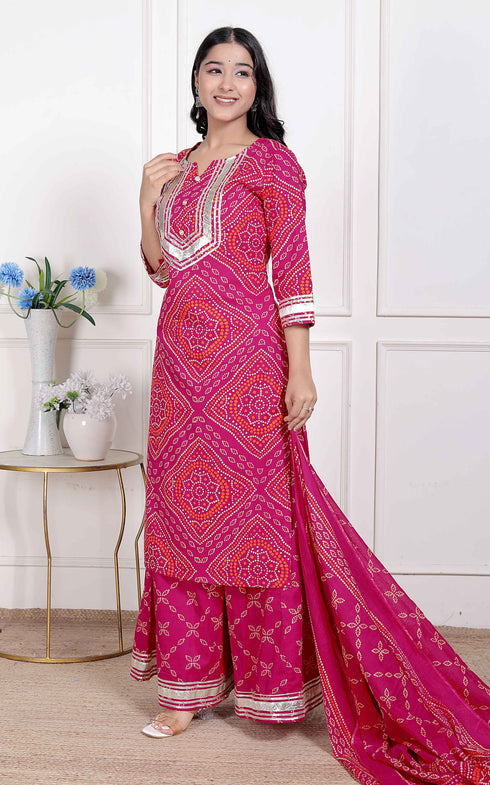 Miravan Womens Pink Bandhani Printed Straight Kurta with Palazzo and Dupatta