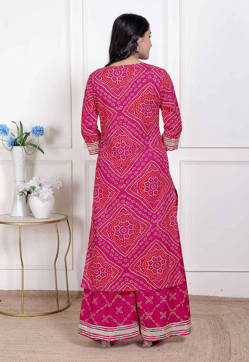 Miravan Womens Pink Bandhani Printed Straight Kurta with Palazzo and Dupatta