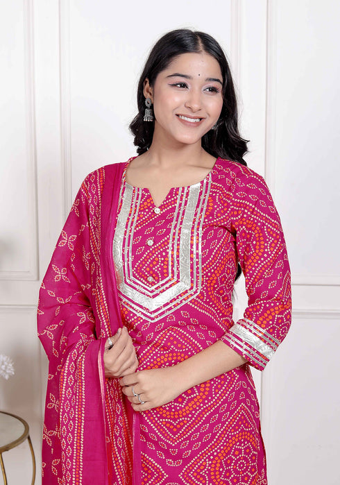 Miravan Womens Pink Bandhani Printed Straight Kurta with Palazzo and Dupatta